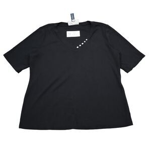 Karen Scott Shirt Womens L Black Short Sleeve Cotton VNeck Button Casual Tee